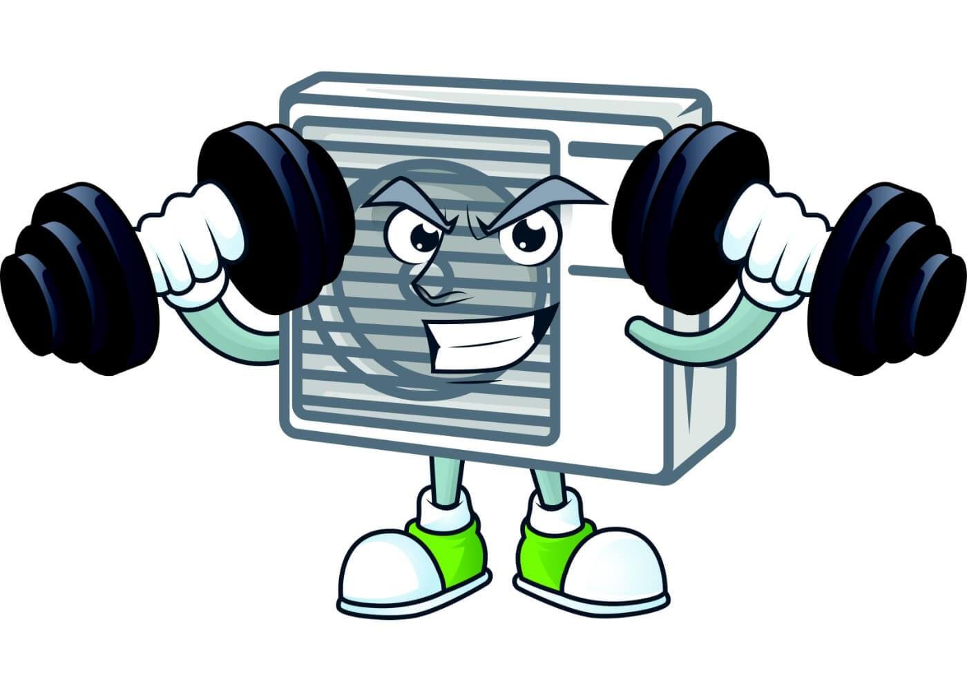 Cartoon air conditioner with a face, lifting dumbbells, and wearing green sneakers.