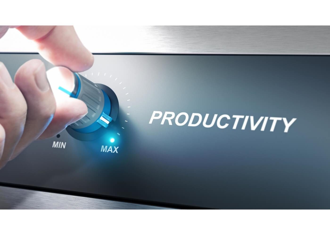 A hand turning a knob labelled "Productivity" from "Min" to "Max" on a sleek metallic panel.