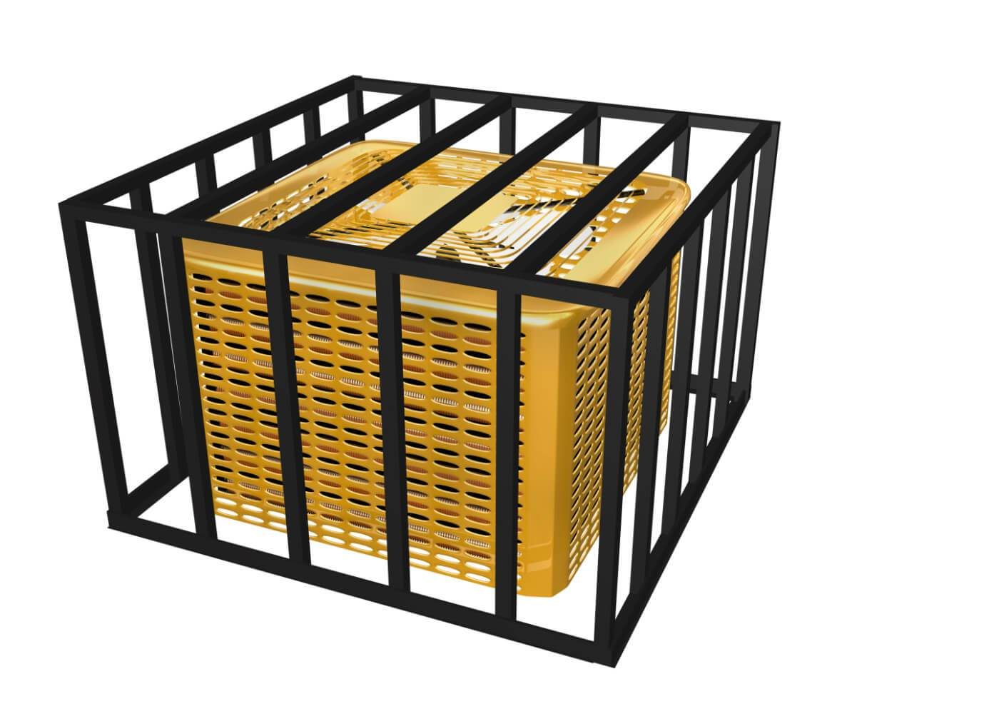 A yellow air conditioning unit encased in a black protective cage on a white background.