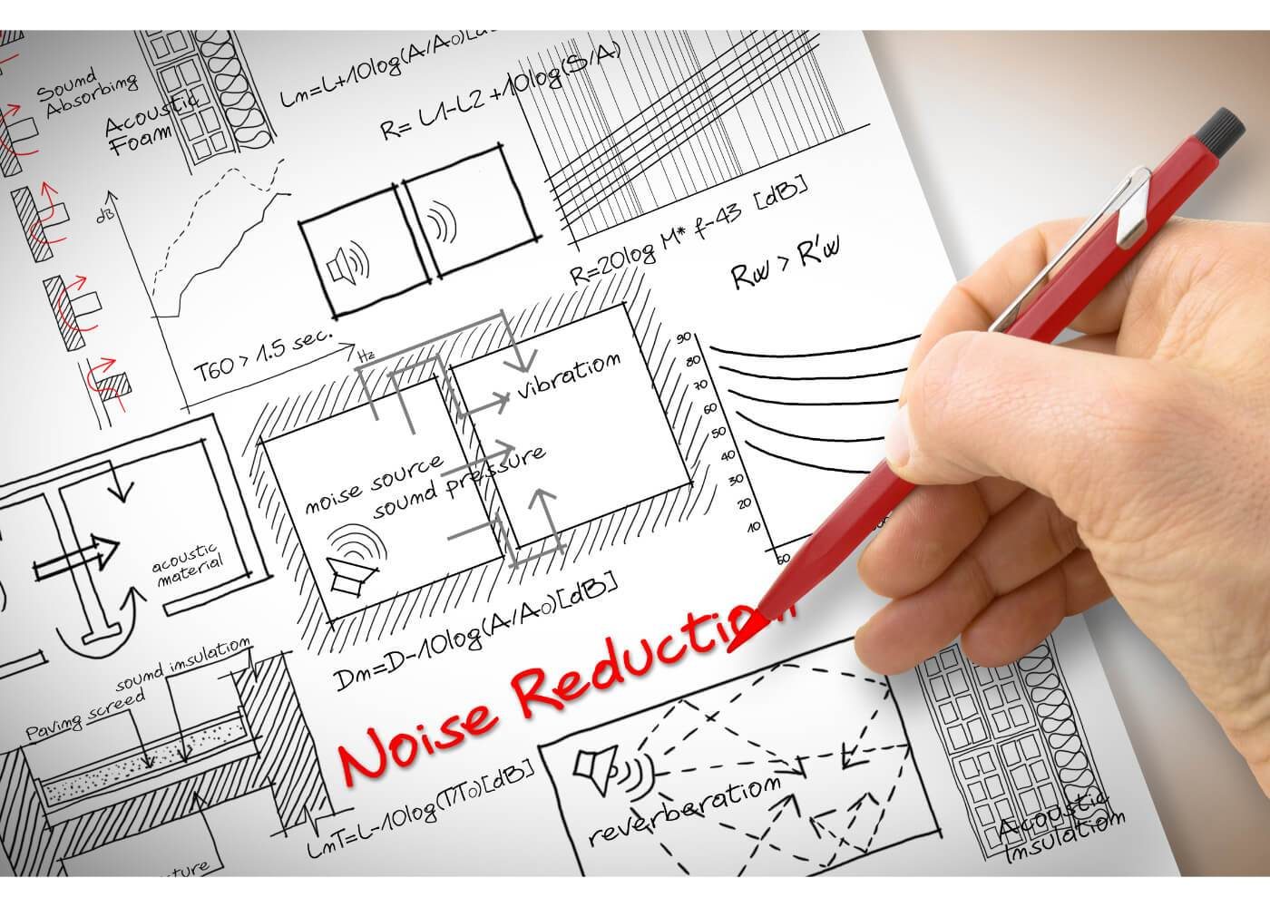 Hand writing on engineering sketches labelled "Noise Reduction," featuring diagrams and calculations related to acoustics and vibration.