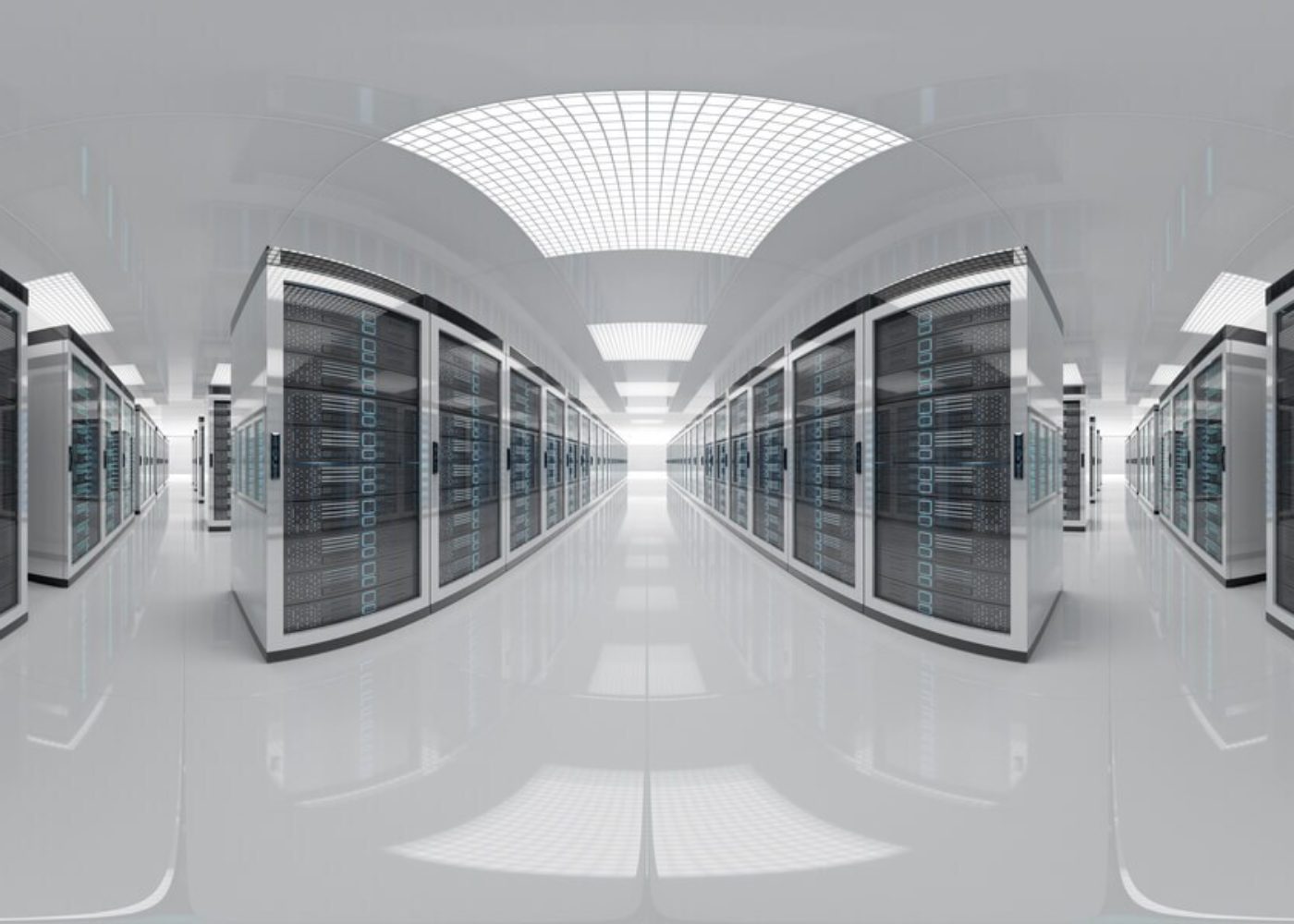 A futuristic, symmetrical data center with rows of server racks and bright overhead lighting, extending into the distance.