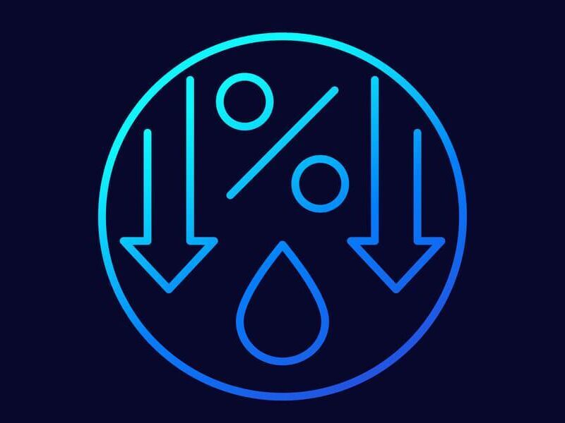 A circular icon with a percentage sign, two downward arrows, and a droplet, all in blue on a dark background.