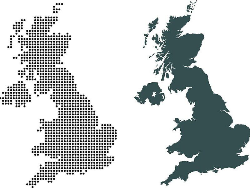 Two maps of the United Kingdom: one composed of black dots and the other a solid dark green silhouette, both depicting the same geographical layout.