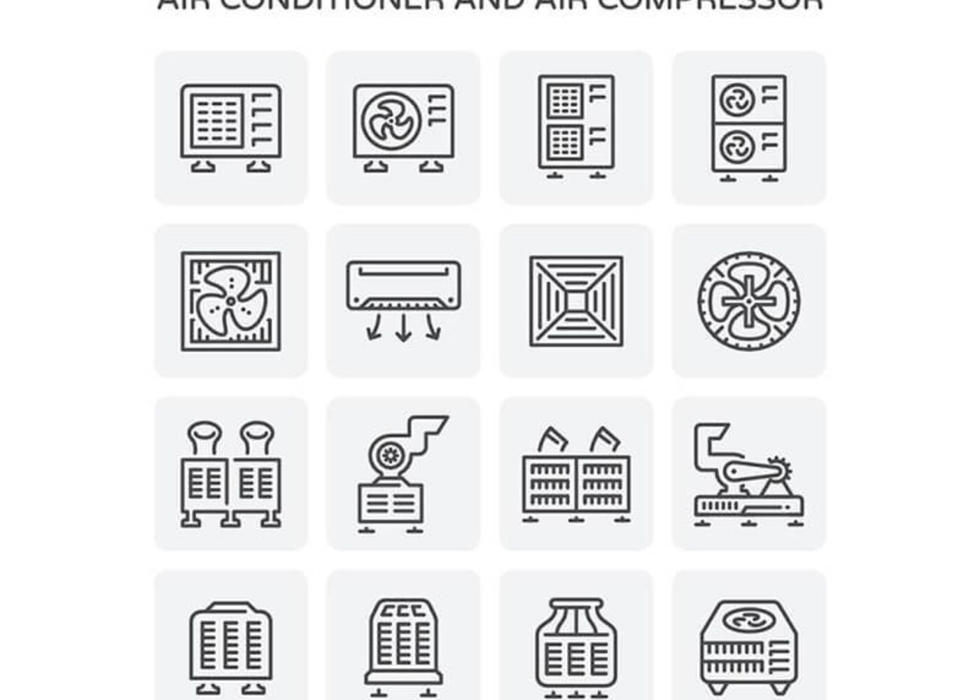 Icons of various air conditioning and air compressor units arranged in a grid, each illustrating different designs and components.