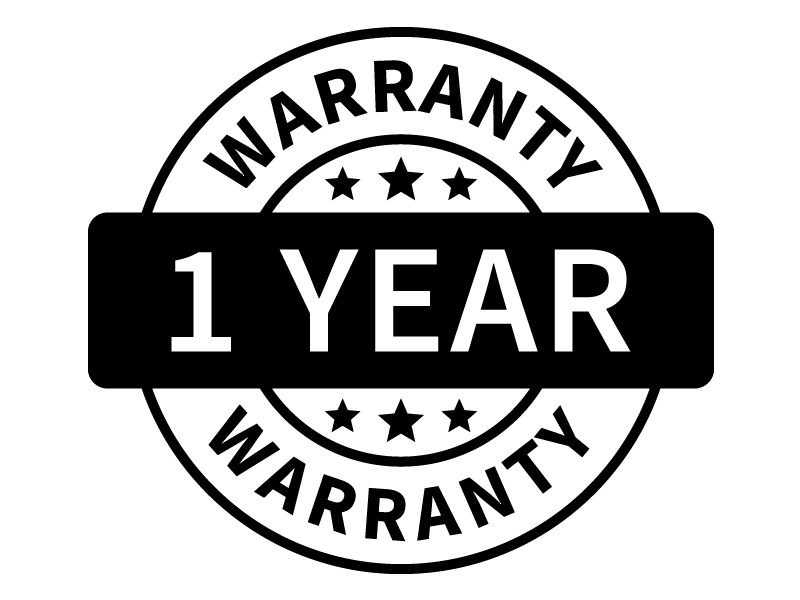 Black and white circular logo with "1 Year Warranty" text and stars surrounding it.