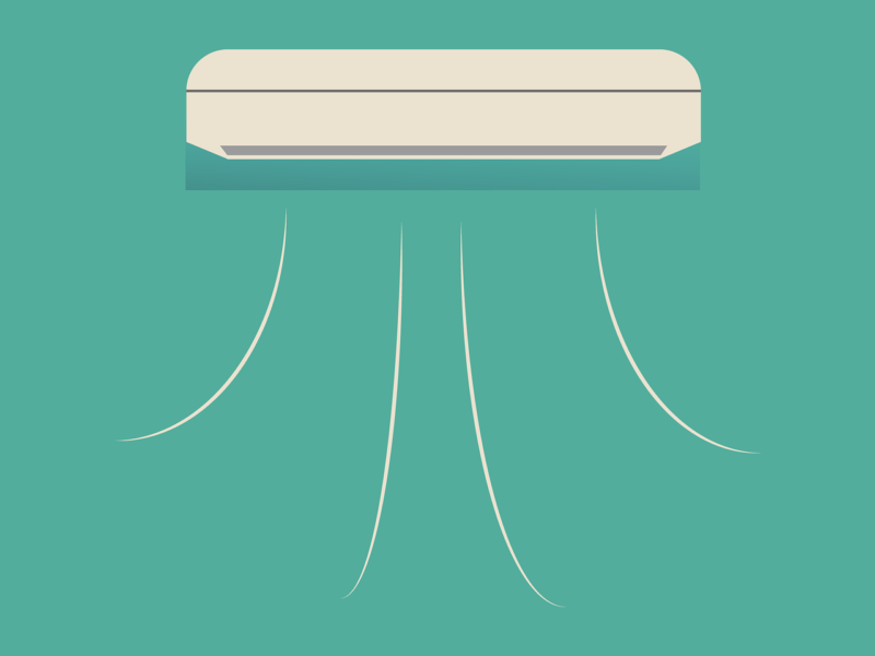 Illustration of an air conditioner mounted on a green wall, with cooling air currents shown flowing downward.