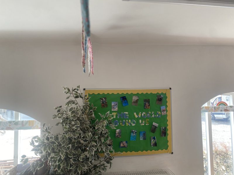 A classroom bulletin board displays photos under the title "The World Around Us." A leafy plant is in the foreground, and colorful strings hang from the ceiling. White walls and windows are visible.