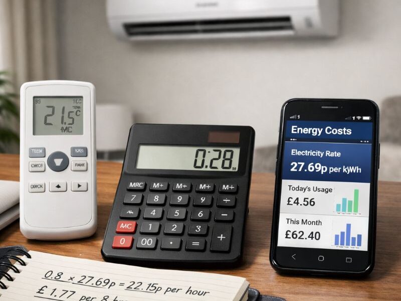 Calculator and air conditioning remote showing how to estimate running cost per hour using UK electricity rates
