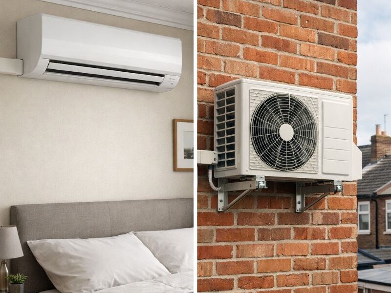 Wall-mounted air conditioning unit installed in a Bristol home bedroom with outdoor condenser unit, showing typical residential installation setup