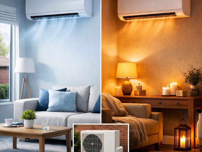 Comparison of air conditioning and air-to-air heat pump systems in a UK home, showing cooling and heating modes