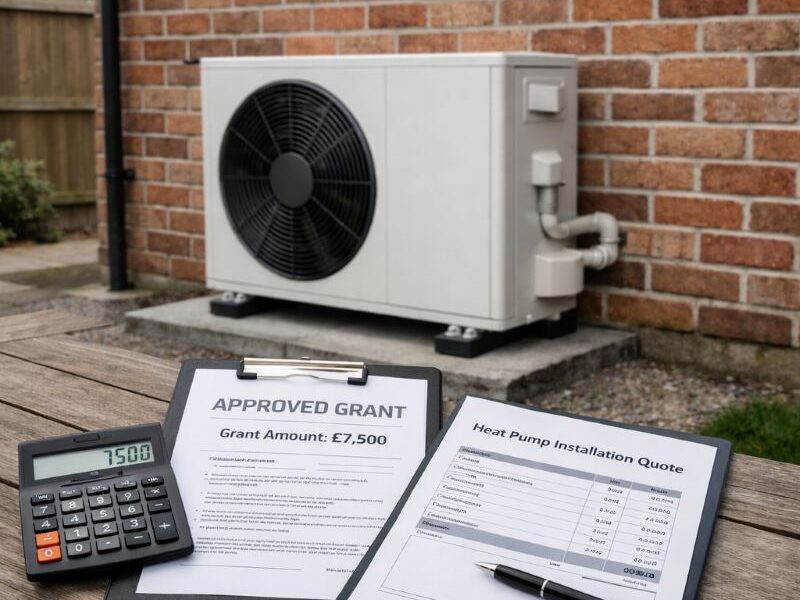 Air source heat pump installation at UK home with paperwork and calculator showing Boiler Upgrade Scheme grant and cost savings