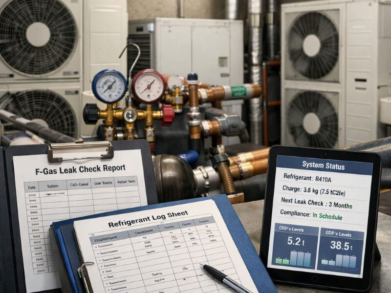 F-gas refrigerant leak checking logbook and HVAC equipment in UK plant room showing CO2e compliance and maintenance records