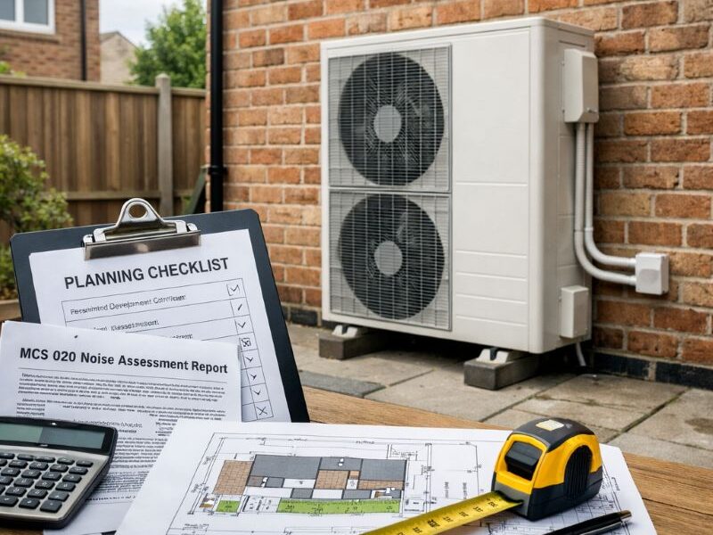Air source heat pump installed on UK home exterior with planning documents showing permitted development and MCS 020 compliance