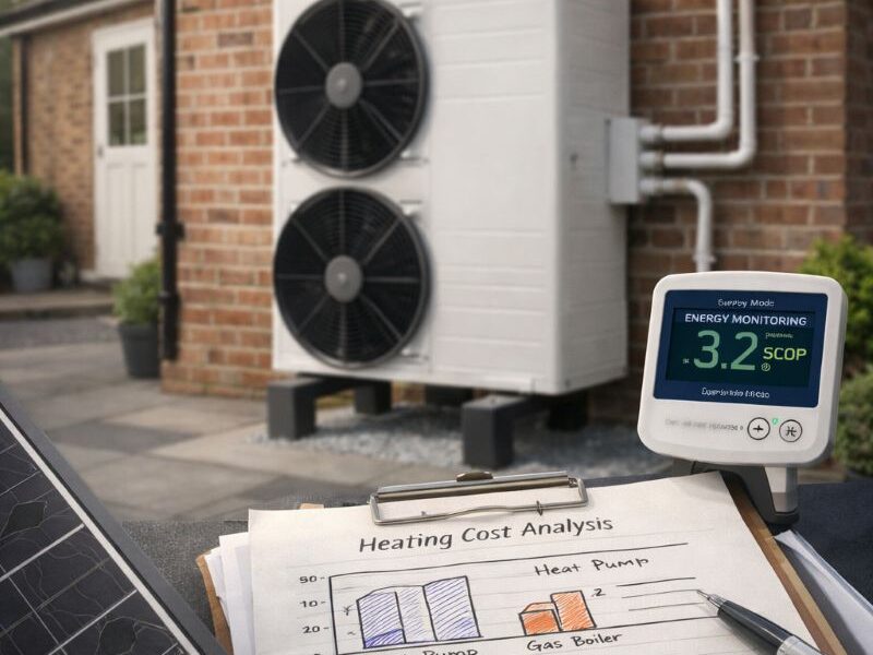 Calculator and energy tariff display showing heat pump running cost calculations and efficiency in a UK home