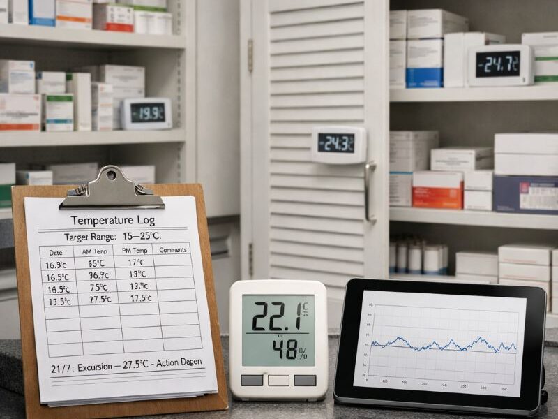 Pharmacy medicine storage shelves with temperature monitoring devices and 15–25°C controlled ambient conditions