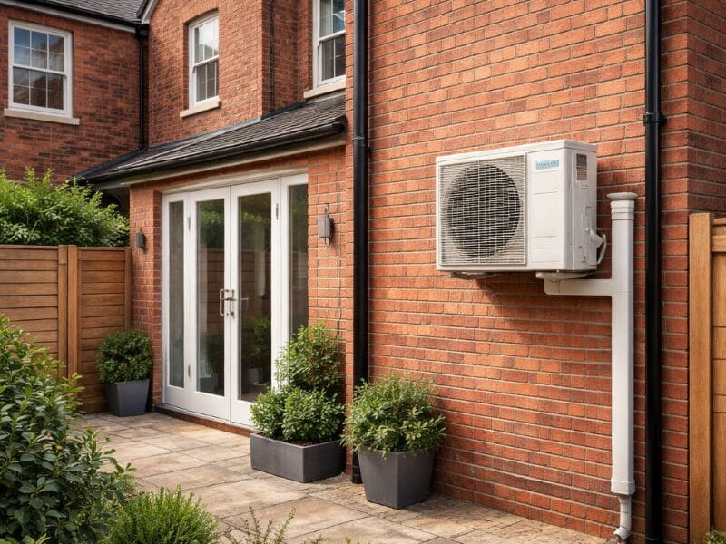 Discreet outdoor air conditioning unit installed on a UK house exterior showing compliant placement under permitted development rules