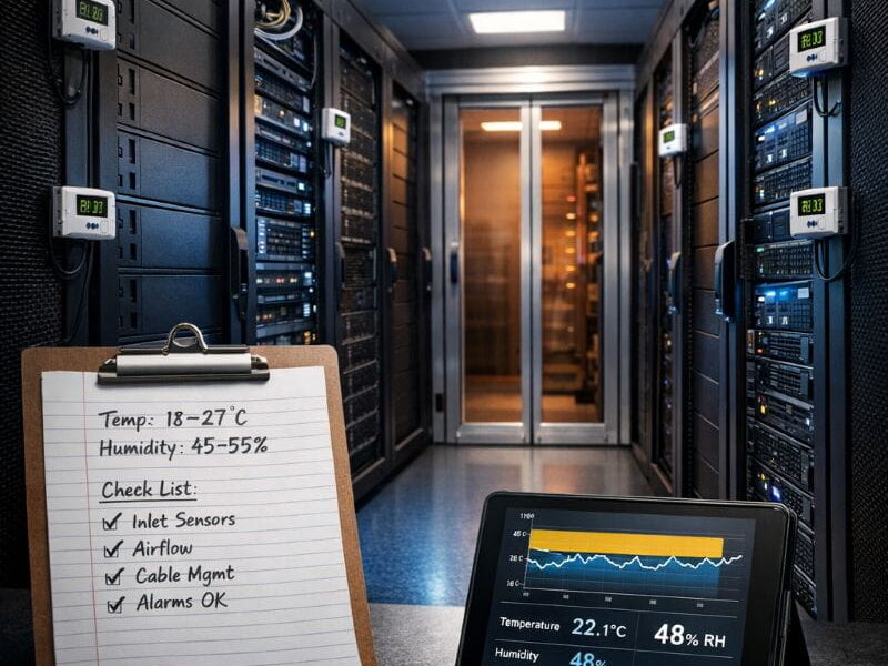 Server room with rack inlet temperature sensors, airflow layout and monitoring tools showing 18 to 27°C cooling targets