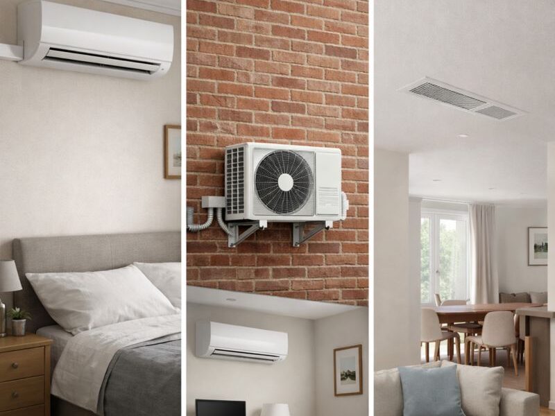 Comparison of split, multi-split and ducted air conditioning systems in a UK home showing indoor units, ceiling grilles and outdoor condenser unit