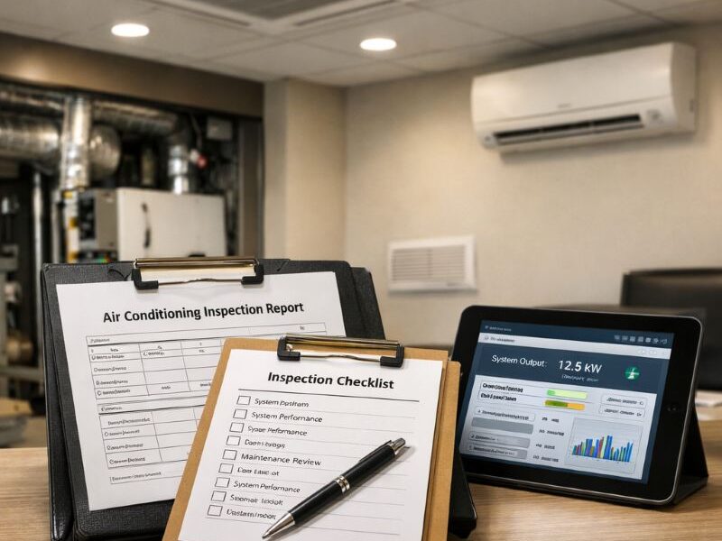 TM44 air conditioning inspection report with commercial HVAC units in UK building showing compliance and 12kW system assessment