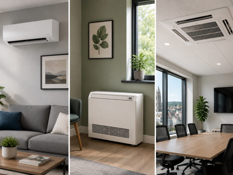 Three-panel comparison of wall-mounted, floor-mounted and ceiling cassette air conditioning units installed in modern home, office and meeting room interiors.