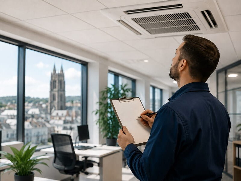 Air conditioning technician inspecting a ceiling-mounted unit with a clipboard in a modern Bristol office overlooking the city.