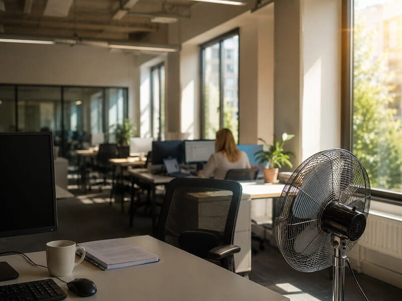 Realistic open-plan office in warm sunlight with a desk fan by the window, illustrating office overheating risk for Bristol businesses.