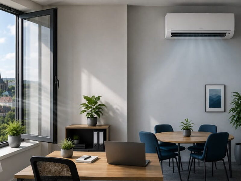 Modern office with an open window for fresh air ventilation and a wall-mounted air conditioning unit cooling a meeting area.