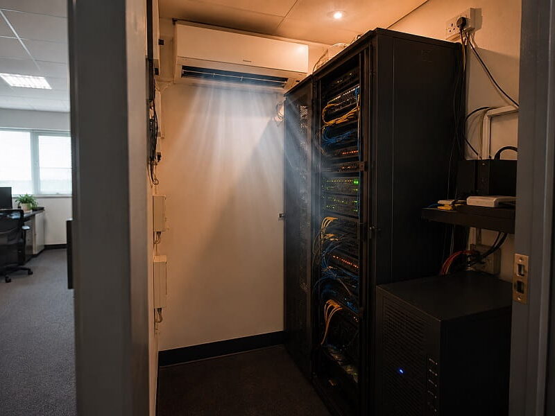 Small server room with network racks and dedicated wall-mounted air conditioning unit, viewed from an office doorway.
