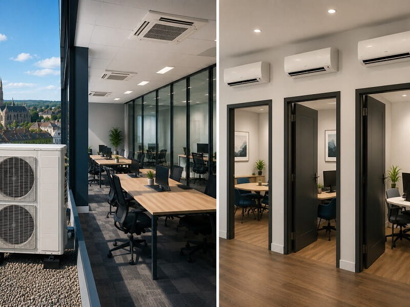 Split-view commercial office showing a large outdoor HVAC unit beside an open-plan workspace and wall-mounted air conditioning units serving separate office rooms.