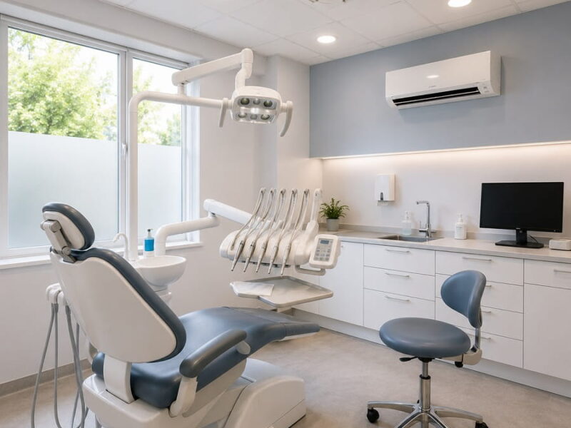 Modern dental treatment room with ceiling cassette and wall-mounted air conditioning systems, dental chair, treatment equipment and clinical workspace.