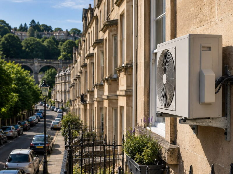 Outdoor air conditioning unit mounted on the exterior wall of a traditional stone period property overlooking a residential street with historic buildings.