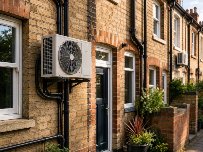 Outdoor air conditioning condenser unit mounted on the exterior wall of a modern brick terraced house with neatly routed pipework and residential street frontage.