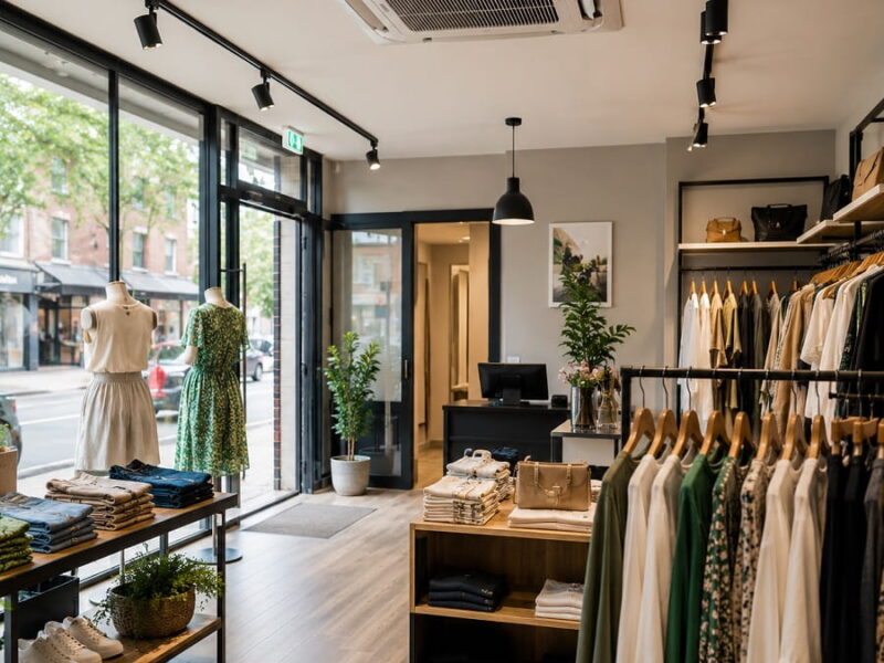 Modern clothing retail shop interior with ceiling cassette air conditioning unit providing cooling above clothing displays and customer shopping areas.