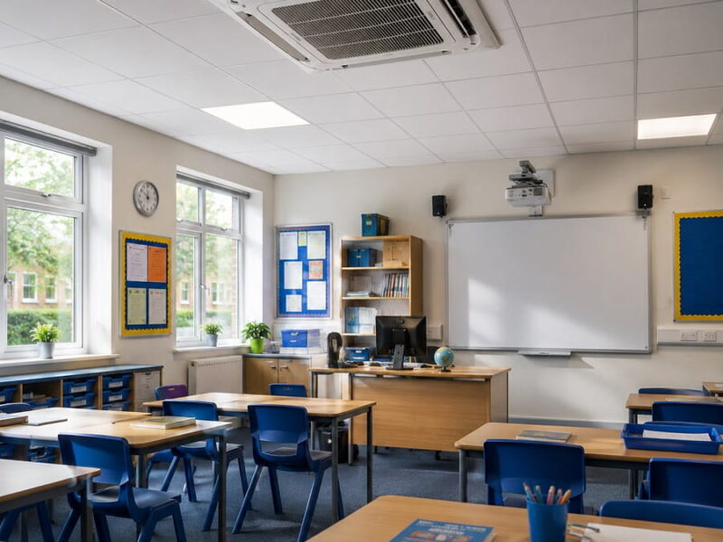Modern school classroom with ceiling cassette air conditioning unit, student desks, teaching area and large windows providing a comfortable learning environment.