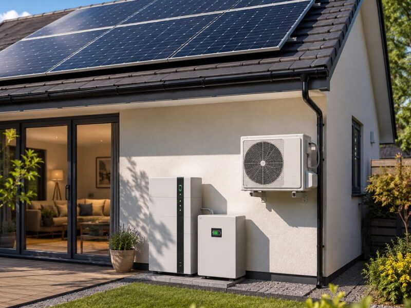 Modern home with rooftop solar panels, battery storage system and outdoor air conditioning unit installed to improve energy efficiency and cooling performance.
