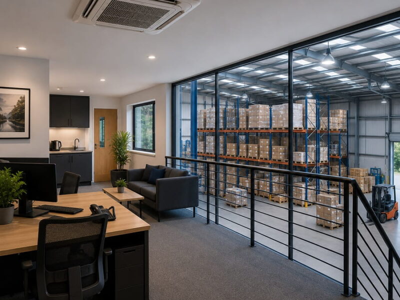 Modern mezzanine warehouse office with a ceiling cassette air conditioning system overlooking a warehouse with pallet racking, stored goods and forklift operations.