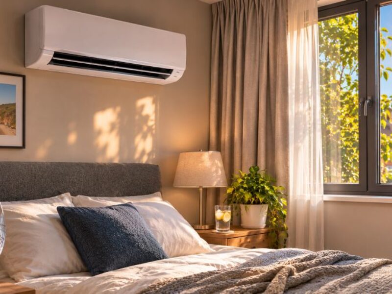 Sunlit bedroom during a UK summer heatwave with wall-mounted air conditioning, a cooling fan and lightweight bedding to maintain a comfortable sleeping temperature.